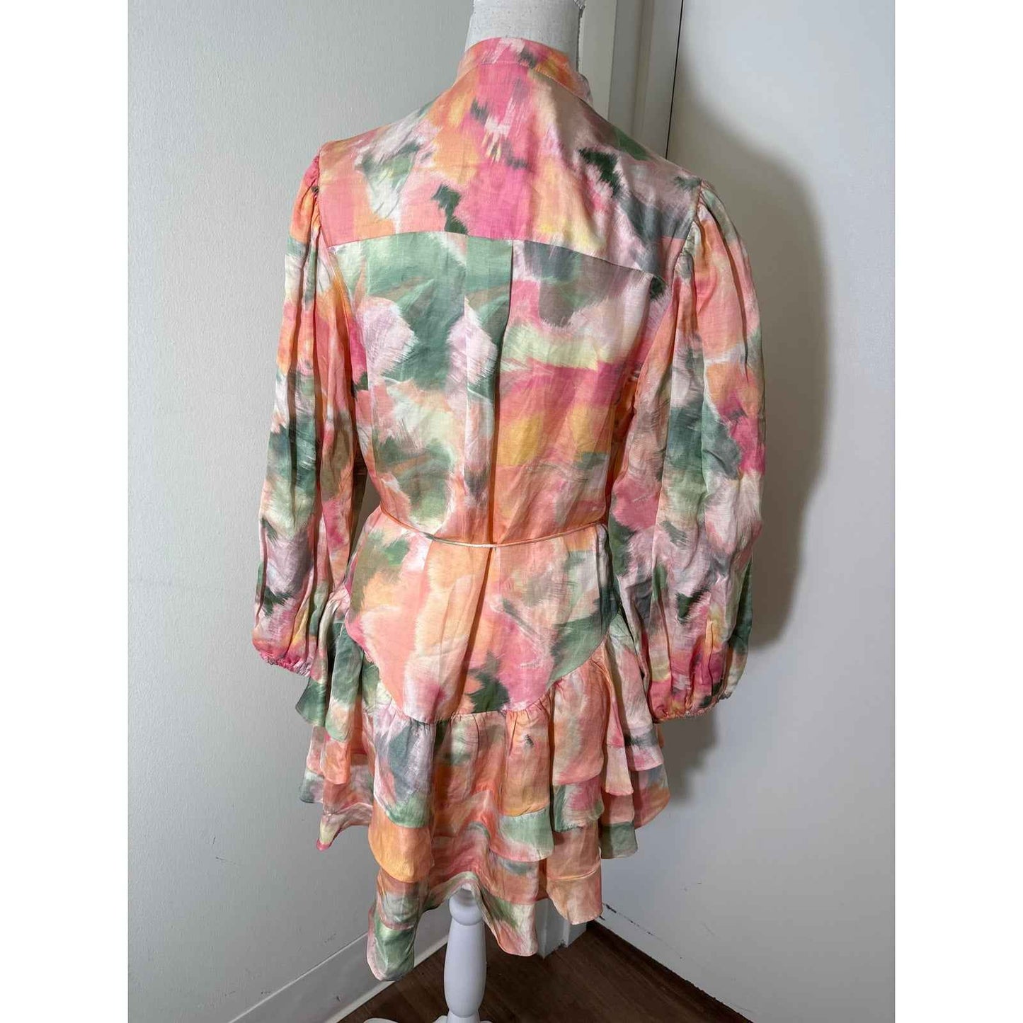 Significant Other Peach Watercolor 3/4 Puff Sleeve Mini Dress Sz 2