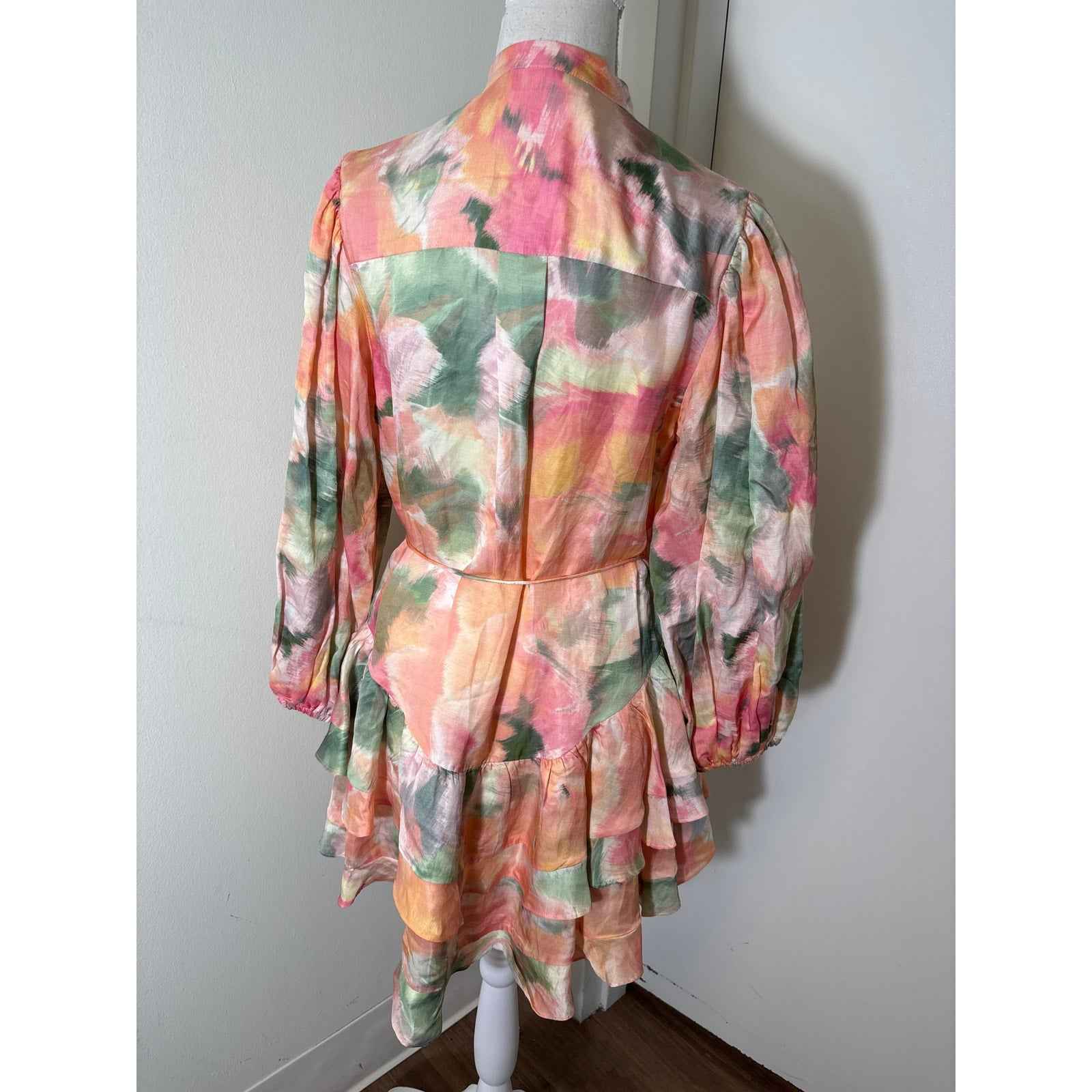 Significant Other Peach Watercolor 3/4 Puff Sleeve Mini Dress Sz 2