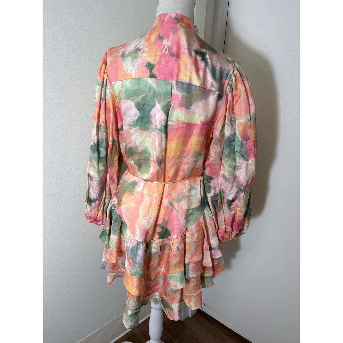 Significant Other Peach Watercolor 3/4 Puff Sleeve Mini Dress Sz 2