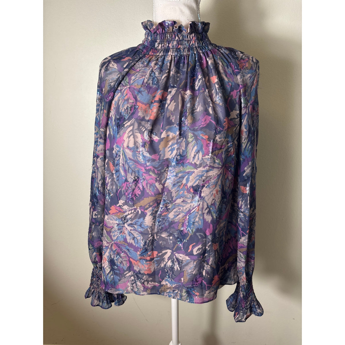 Rebecca Taylor Dark Blue and Purple Long Sleeve High Smocked Neck Blouse Sz 6