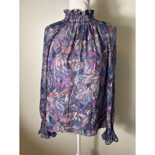Rebecca Taylor Dark Blue and Purple Long Sleeve High Smocked Neck Blouse Sz 6