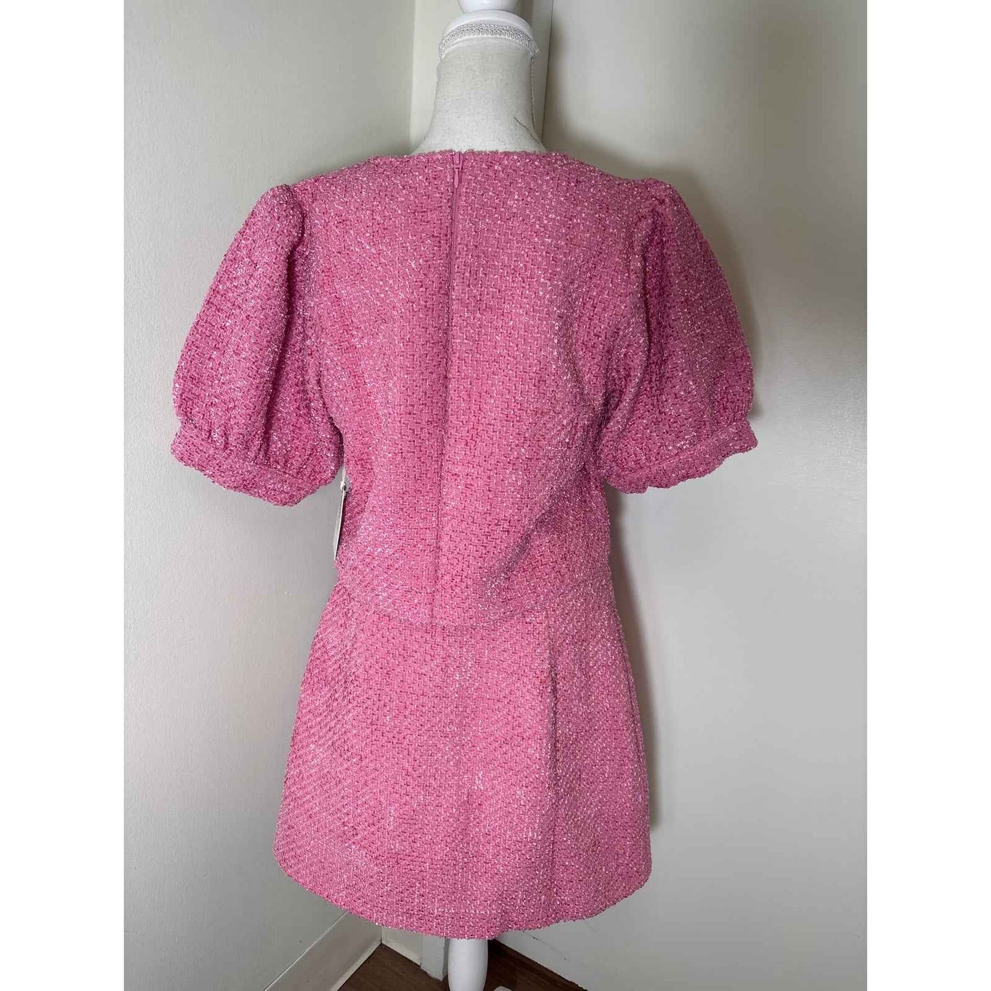 NWT Hyacinth House Berry Pink Tweed Half Puff Sleeve Skirt Suit Set Sz L