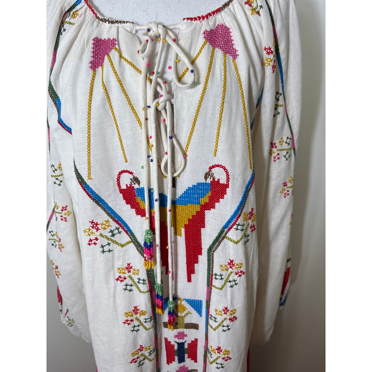 Farm Rio Off White Cross stitch Long Sleeve Maxi Dress Sz XS