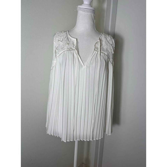 Alice and Olivia White Sleeveless Beaded Pleated Top M