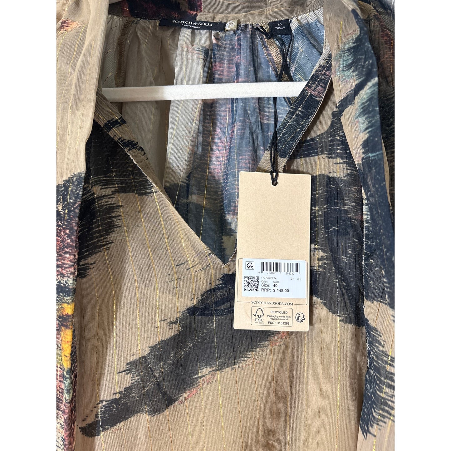 NWT Scotch & Soda Tan Black Long Sleeve Sheer Shirt Sz 40