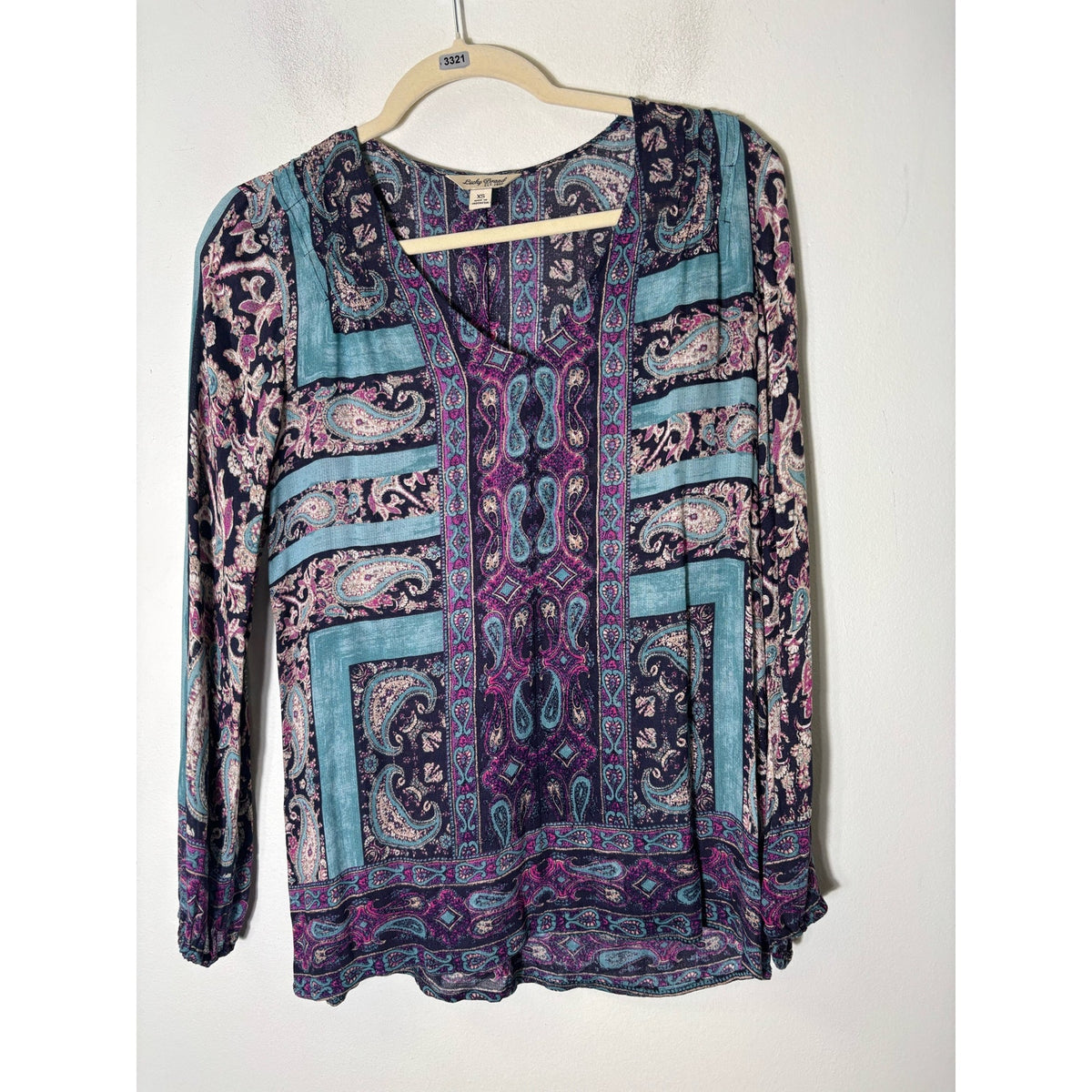 Lucky Brand Green Purple Long Sleeve V-Neck Sz XS