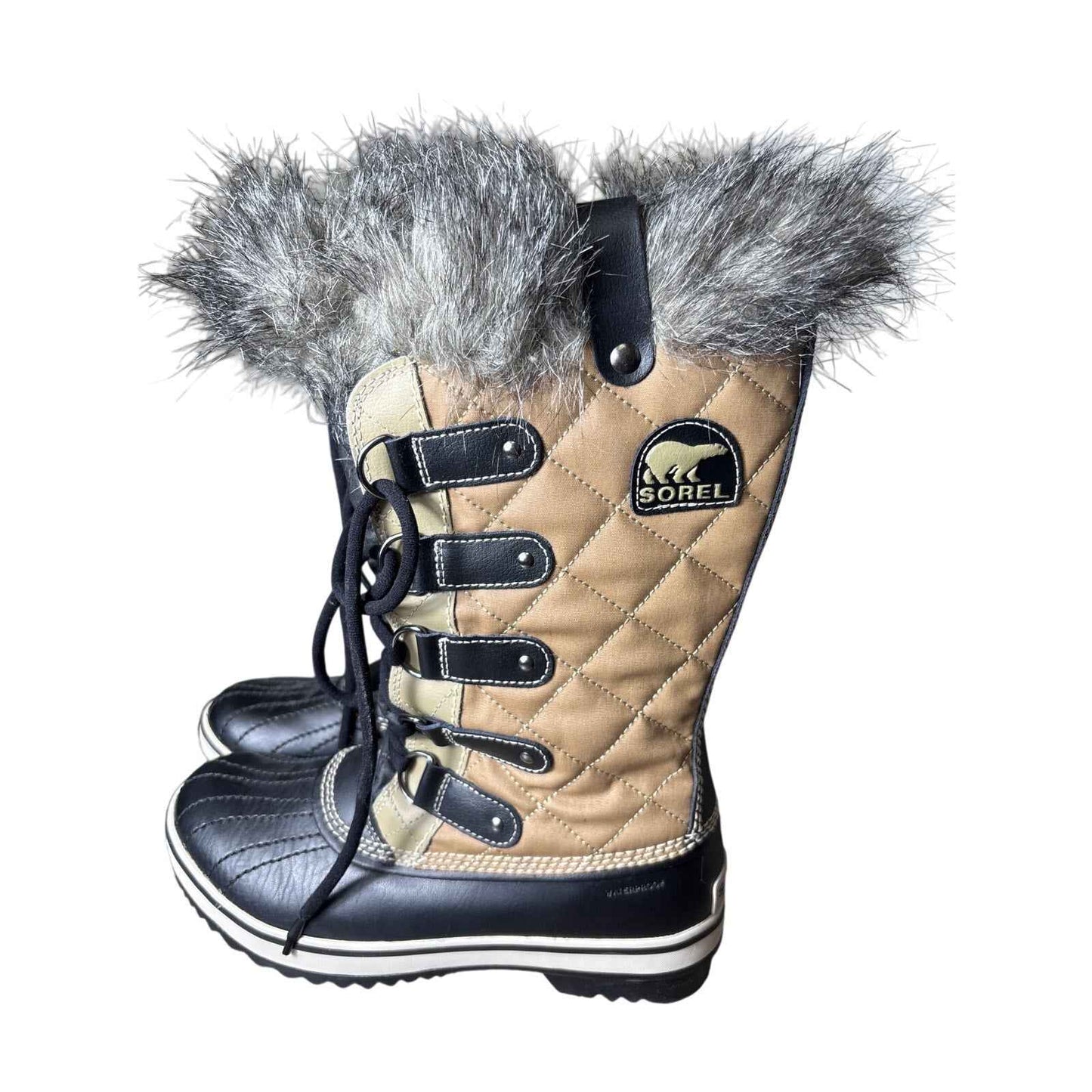 Sorel Tan and Black High Lace Up Quilted Fur Trimmed Boots sz 8
