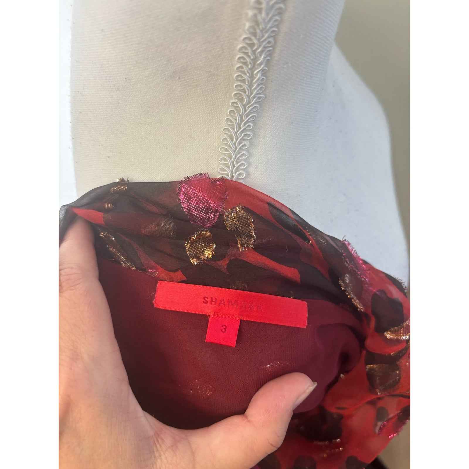 Shamask Red Black Gold Long Sleeve Silk Top Sz 3
