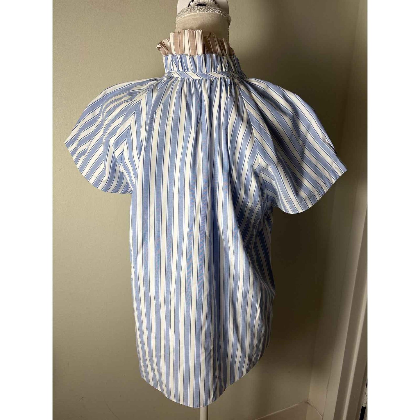 Sundays Blue Tan Stripe Cap Sleeve Button Up Ruffled High Collar Sz S