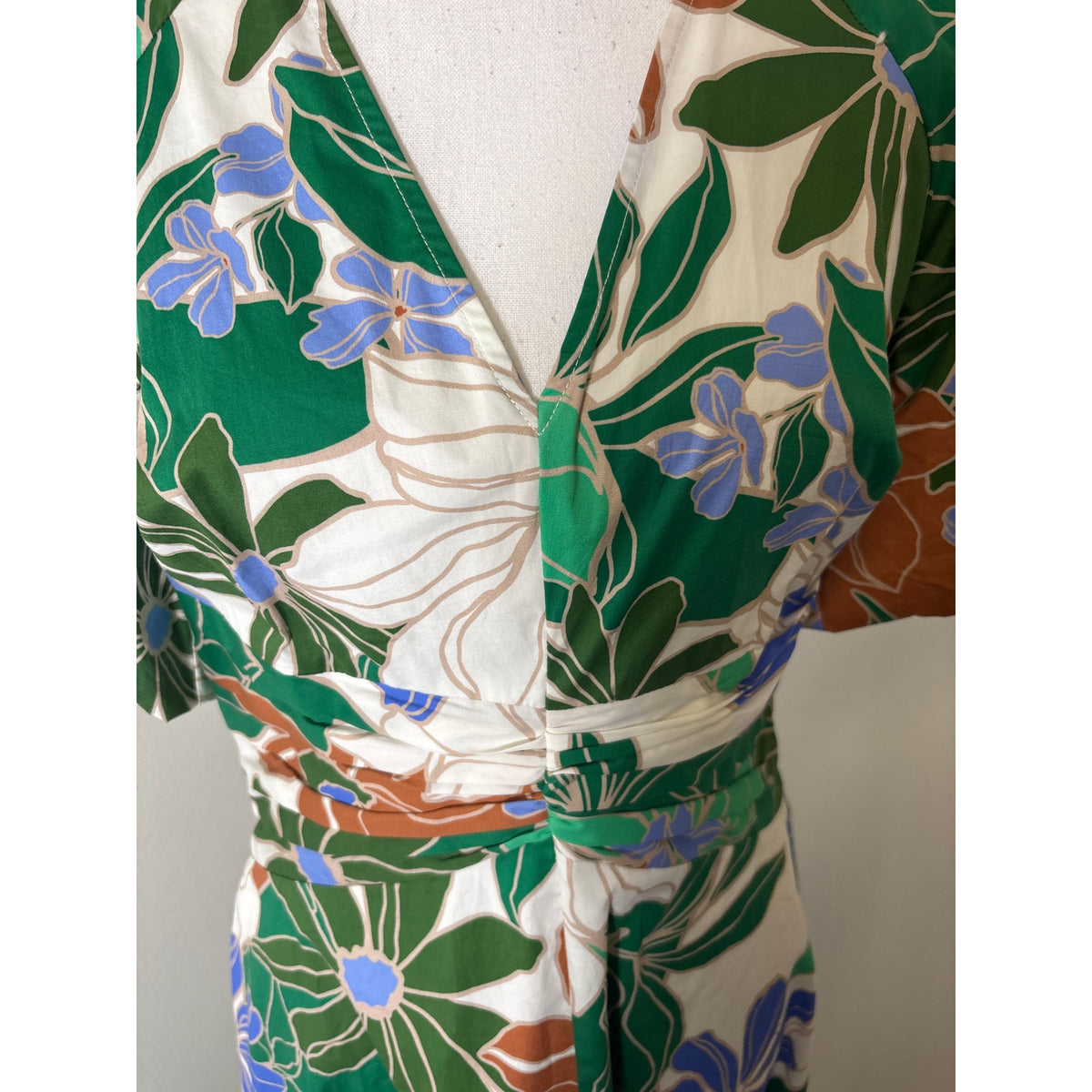 Shoshanna Green Tropical Print Puff Sleeve Cotton V-Neck Maxi Dress Sz 4