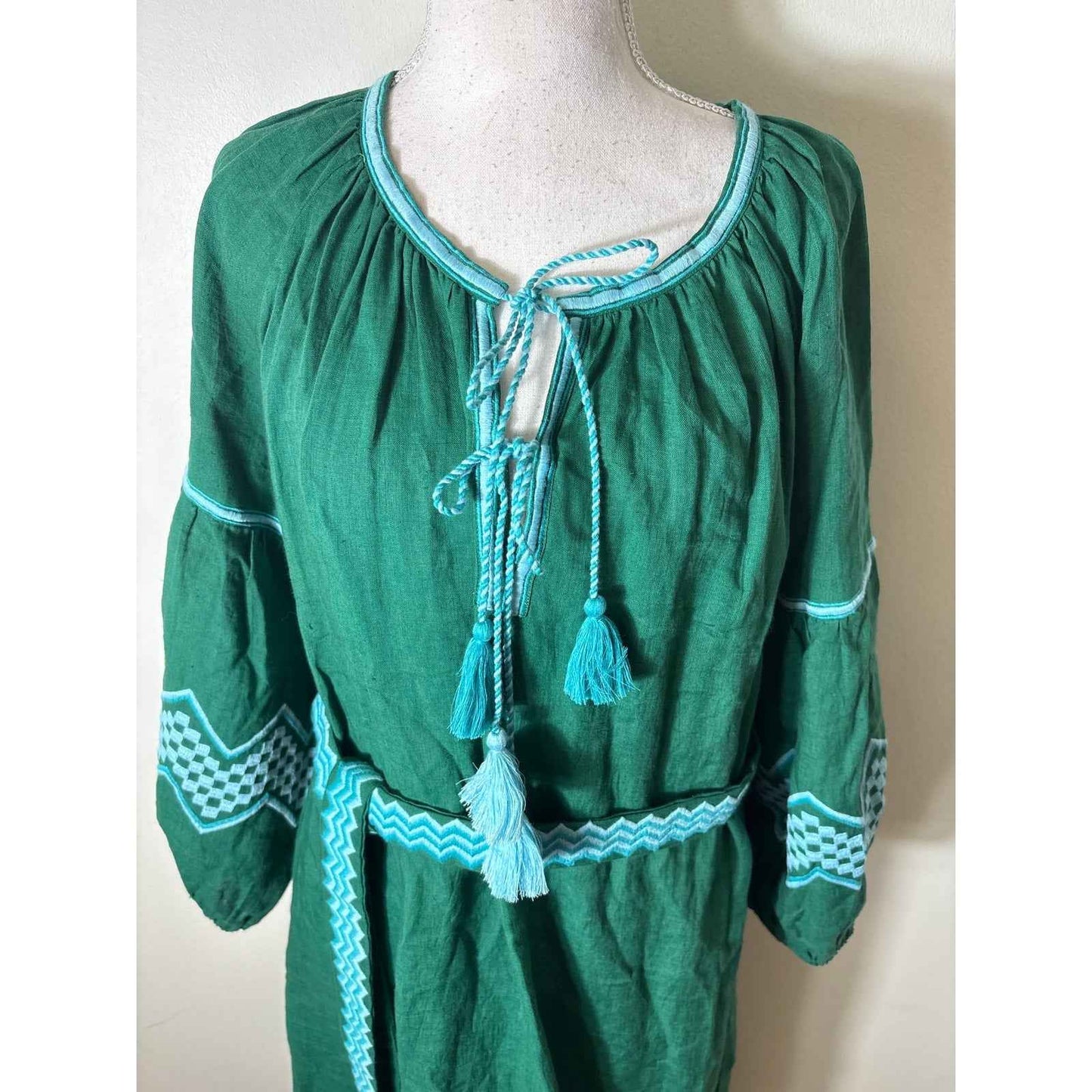 Benaras Green Long Sleeve Linen Maxi Dress Sz L