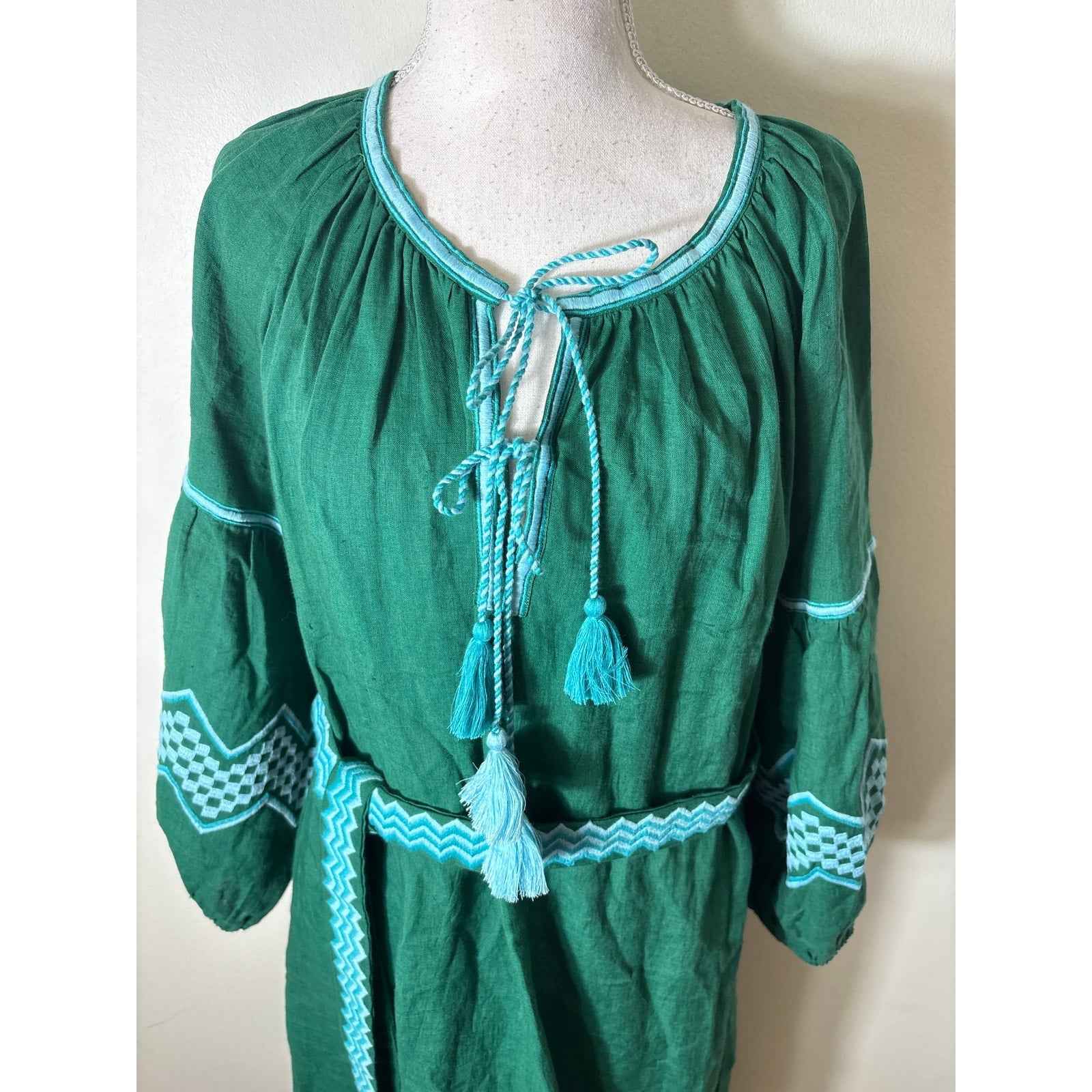 Benaras Green Long Sleeve Linen Maxi Dress Sz L