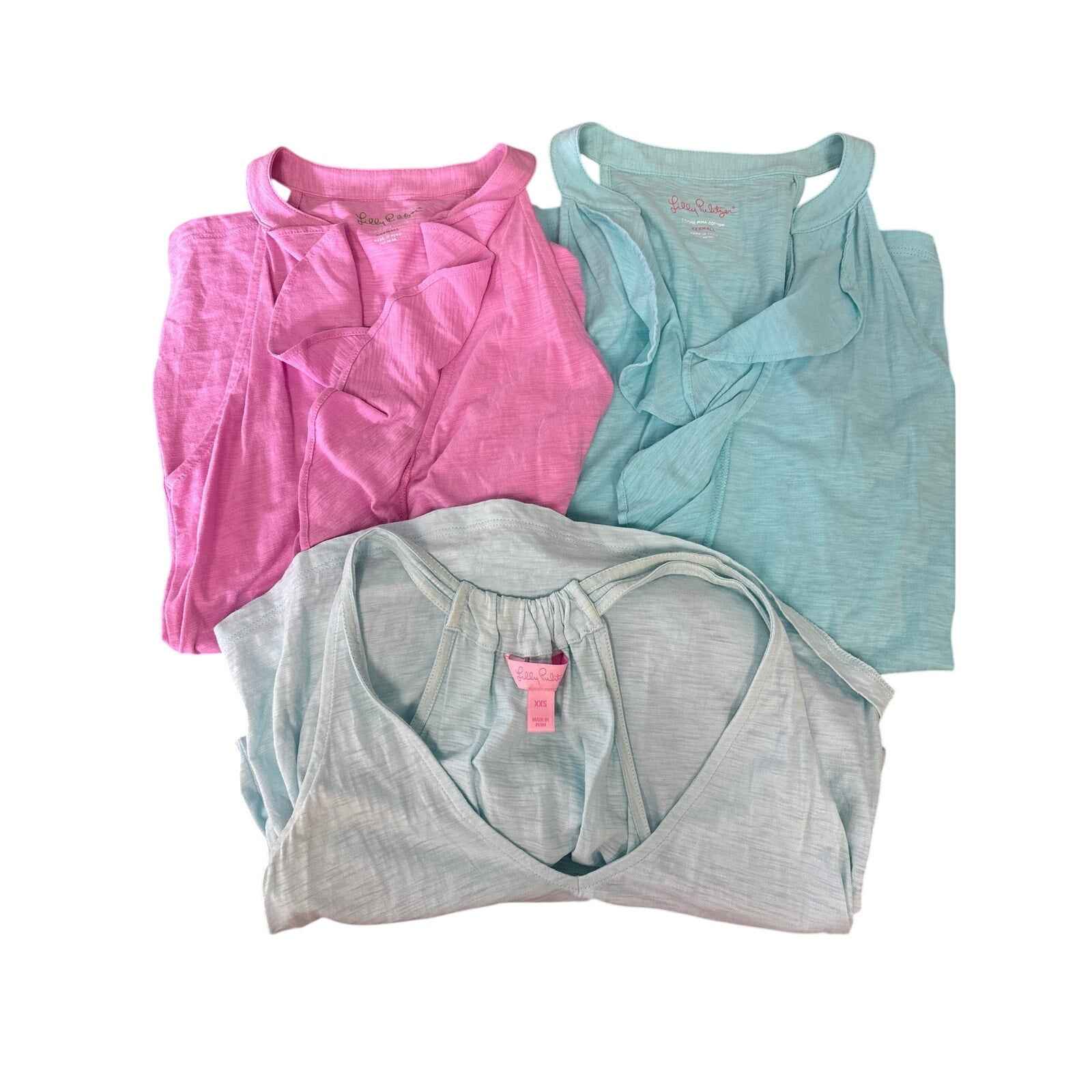Bundle of 3 Lilly Pulitzer Pink and Teal Cotton Sleeveless Tanks Sz XXS