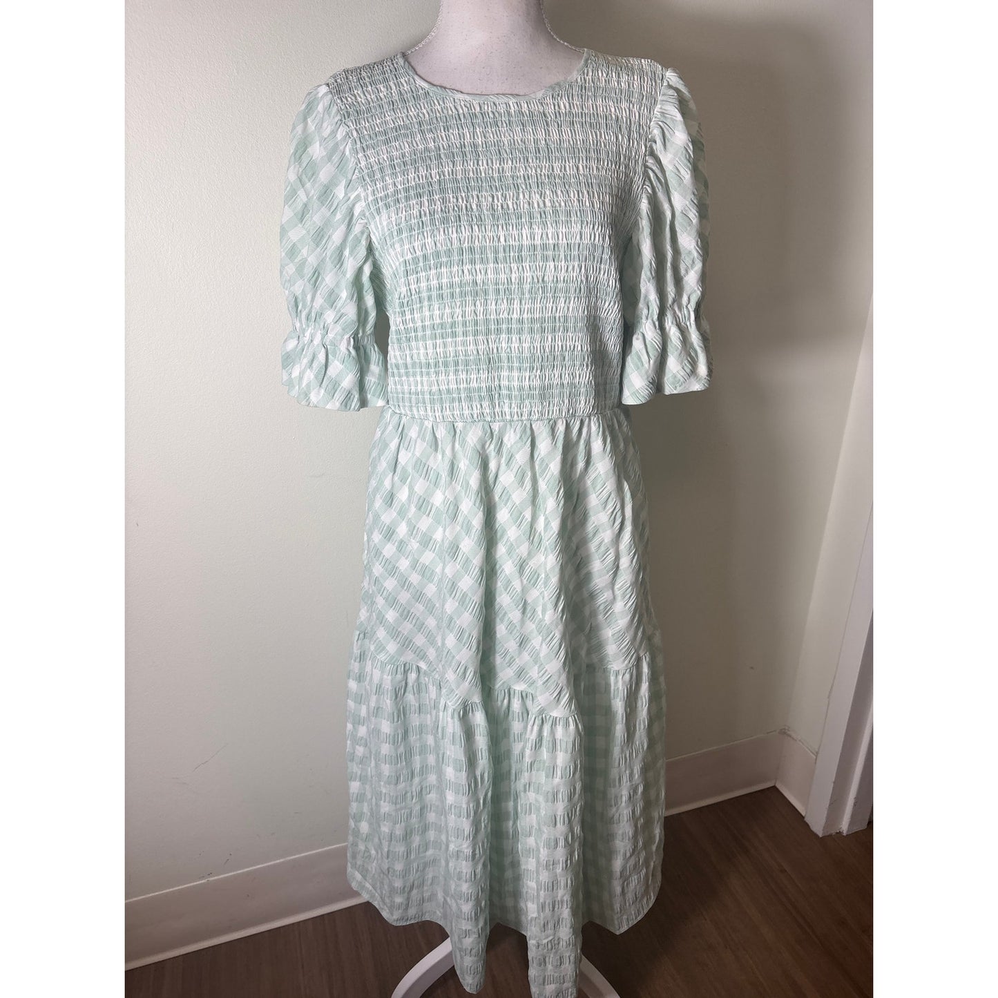 Tuckernuck Mint Green Gingham Half Sleeve Smocked Maxi Dress Sz L