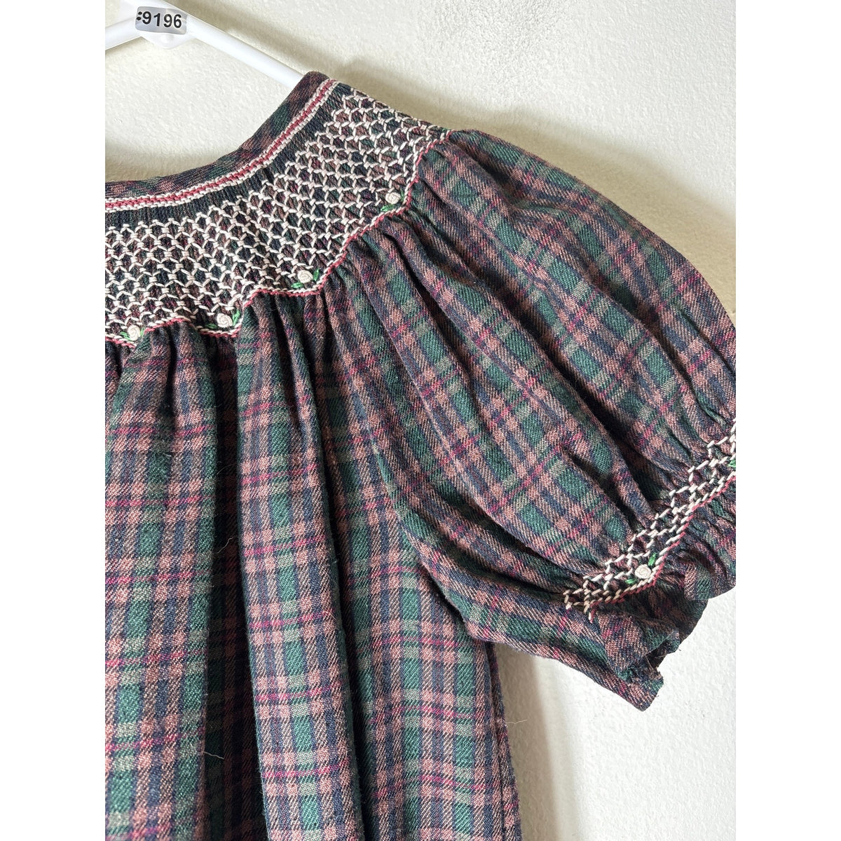 Girls Vintage Rosalina Green,Navy&Brown Plaid Flannel Puff Sleeve Dress Sz7