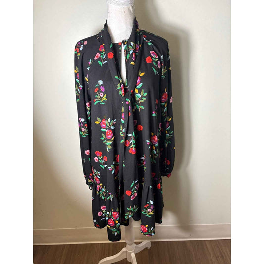 Kate Spade Black Floral Long Sleeve V-Neck Ruffled Mini Dress Sz m