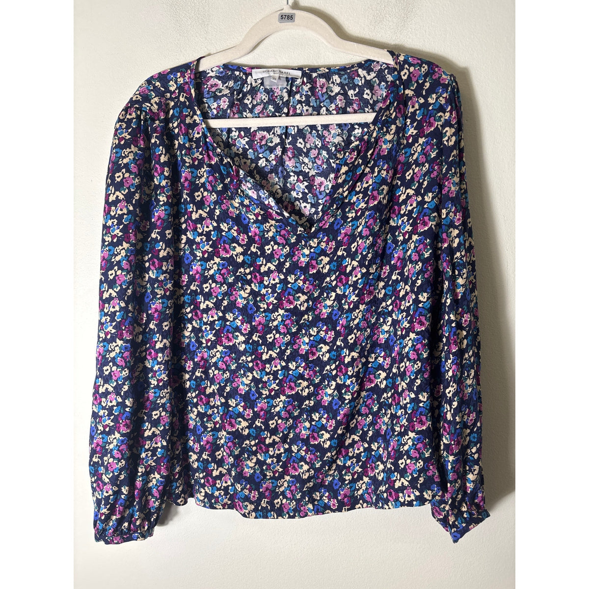 Gerard Darel Black Purple Floral Long Sleeve Viscose Top Sz 38