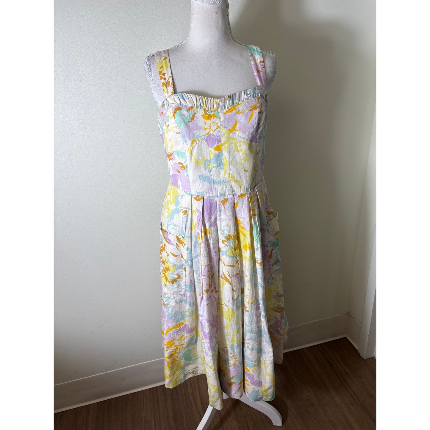 Maeve Pastel Watercolor Strapless Cotton Midi Dress Sz S