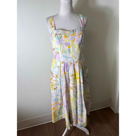 Maeve Pastel Watercolor Strapless Cotton Midi Dress Sz S