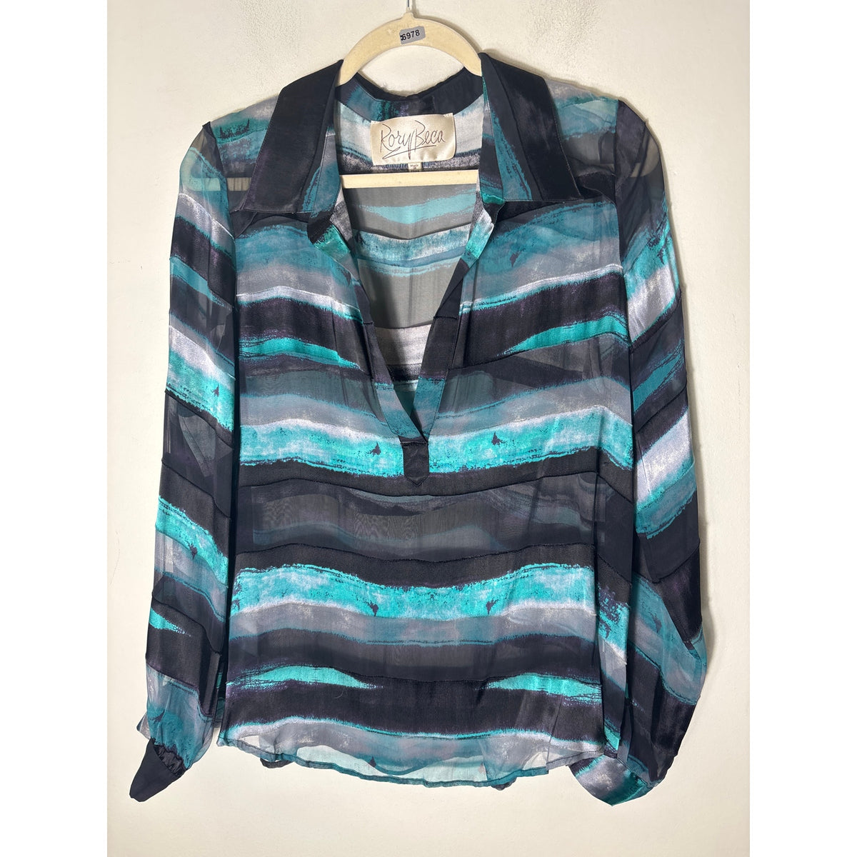 Rory Beca Teal and Black Brush Stroke Sher Blouse Sz L