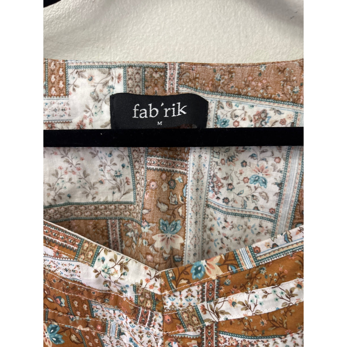 Fab'rik Brown Quilt Pattern Long Sleeve Cotton Peplum Top Sz M