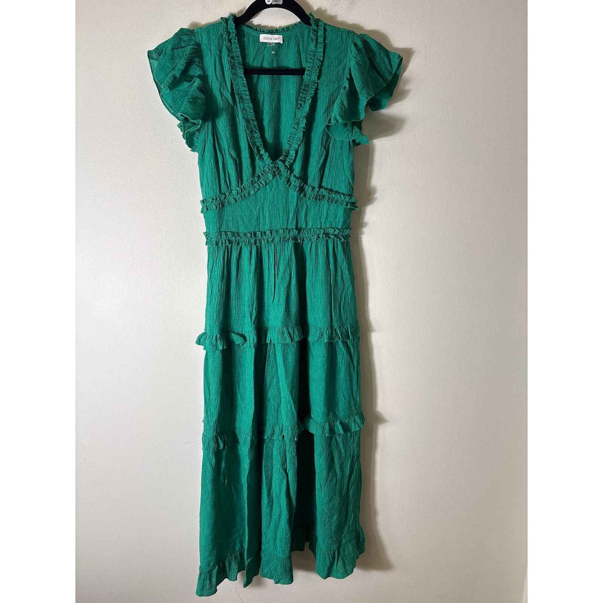 Olivia Grey Green Ruffled V Neck Maxi Dress Sz M