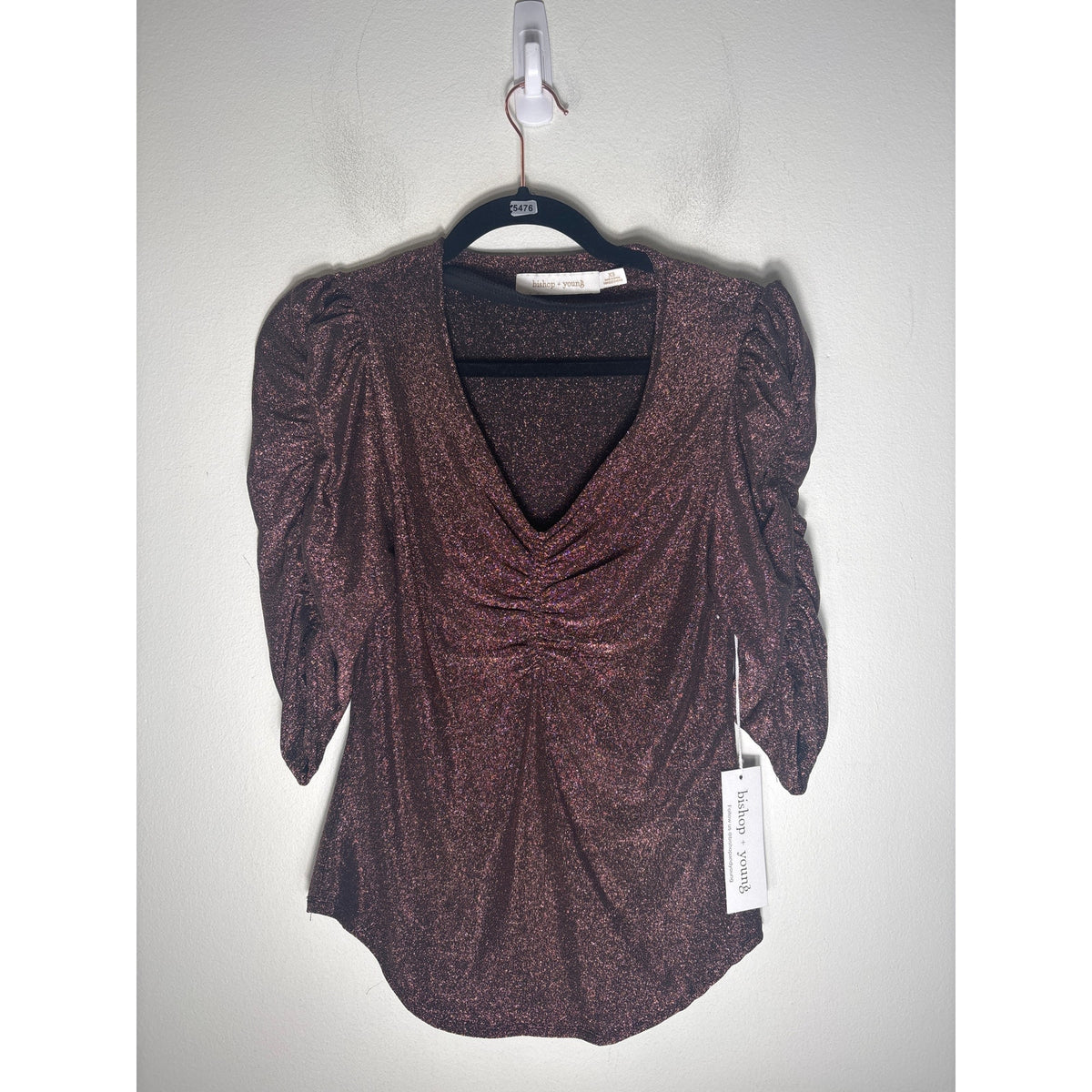NWT Bishop + Young Metallic Half Sleeve Ruched Top Sz XS