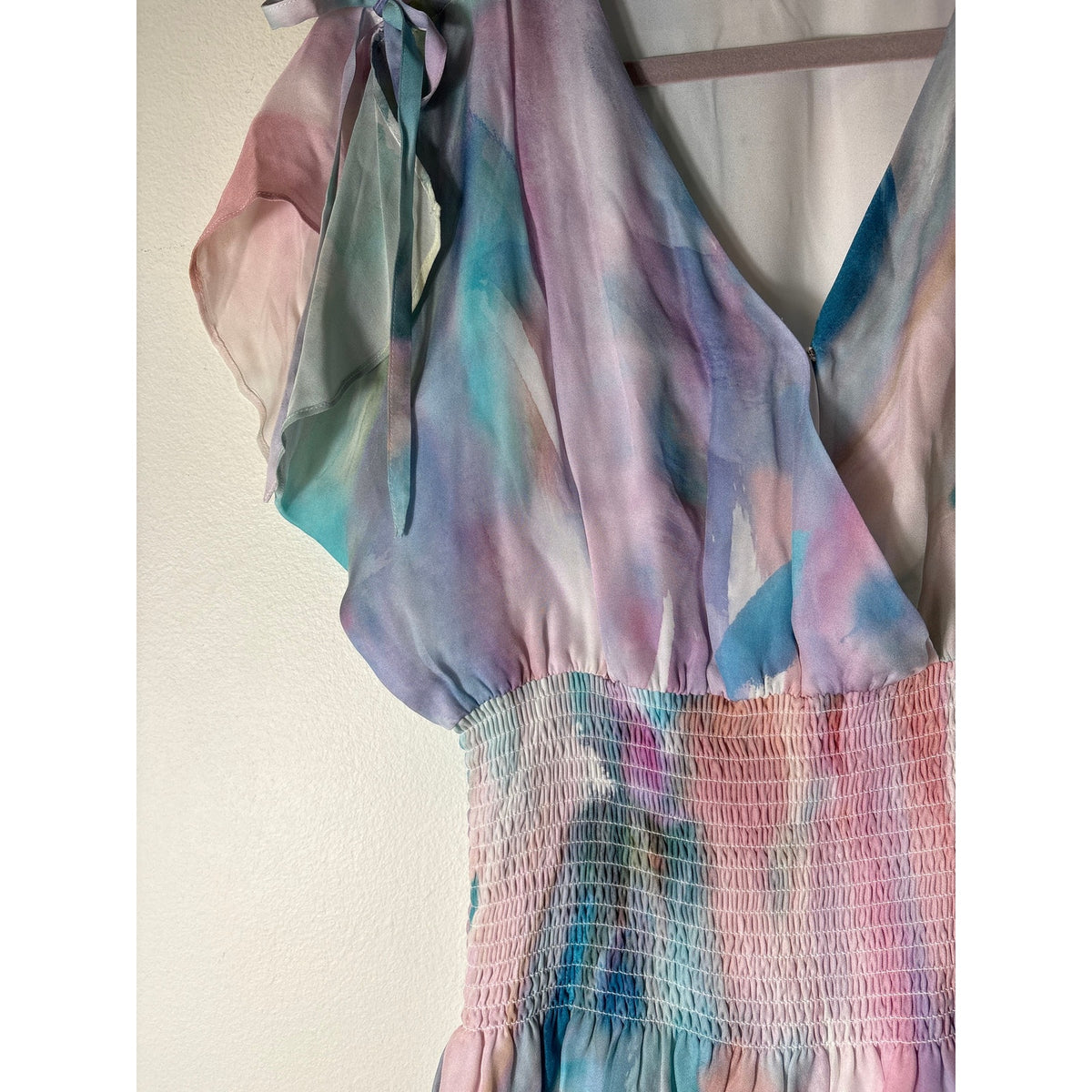 Parker Pastel Watercolor Futter Sleeve Smocked Waist Knee Length Dress Sz S