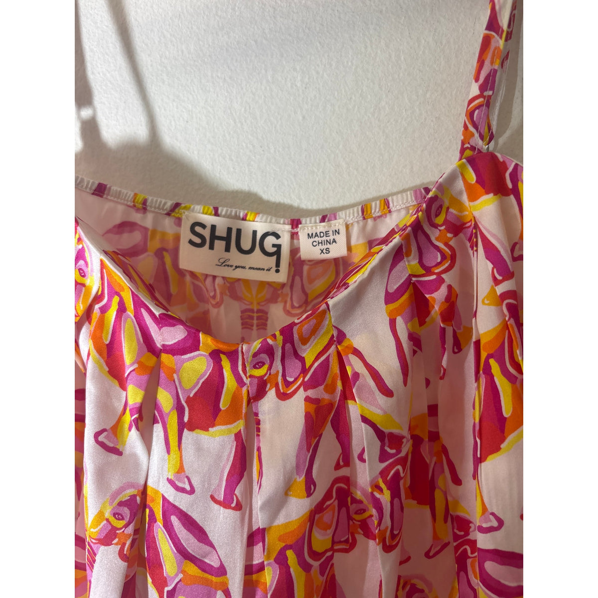 Shug! Pink White Elephant Print Silk Skirt/Top Set Sz XS (Junior Size)