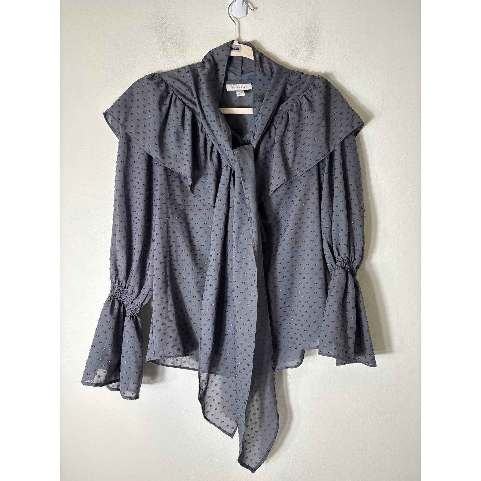 Top Shop Gray Long Boho Sleeve Sheer Button Up Top Sz 2