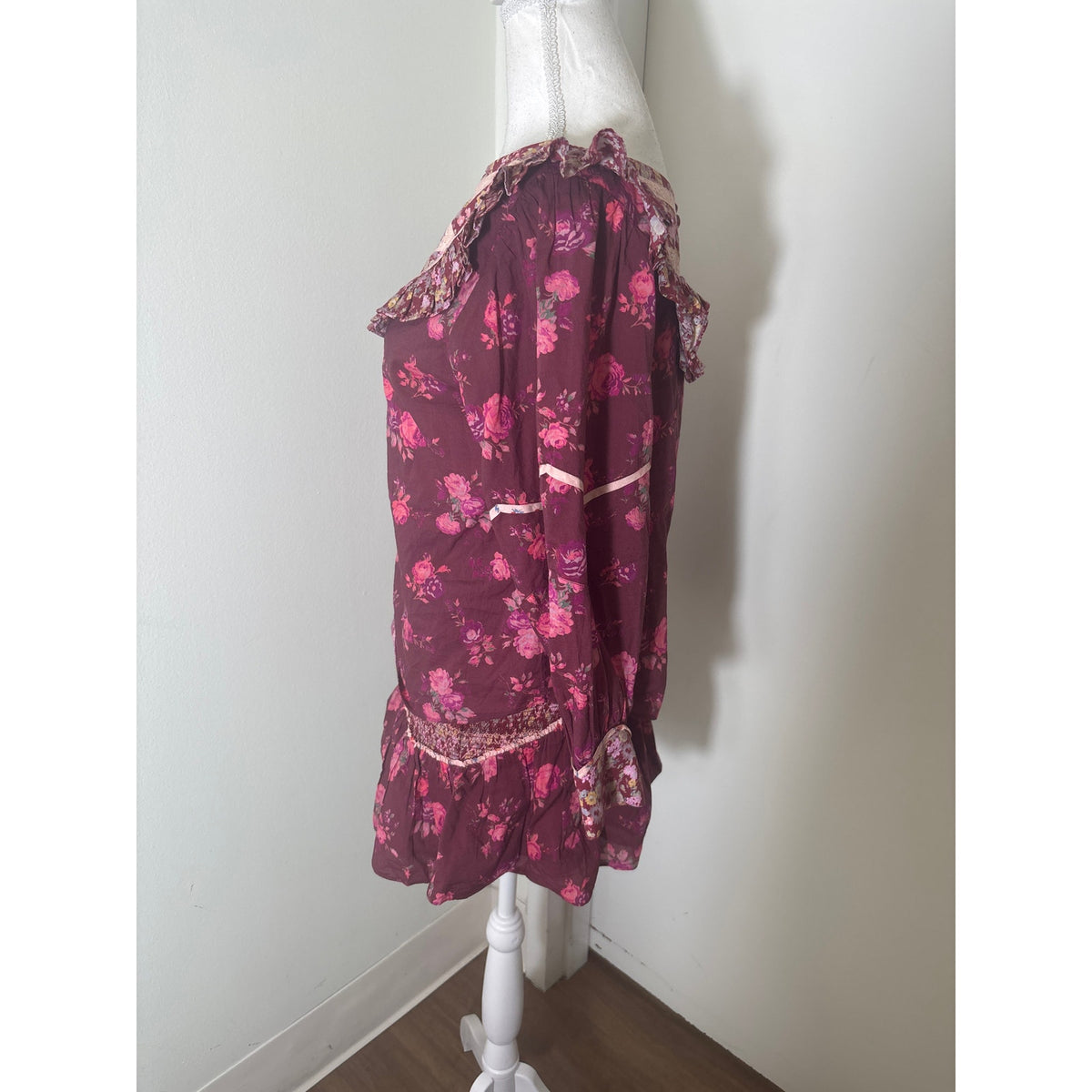 Loveshack Fancy Maroon Floral Cotton Skirt and Top Set Sz S