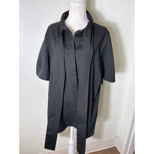 Carolina Herrera NY Black Cotton Short Sleeve Tie Neck Top Sz 10