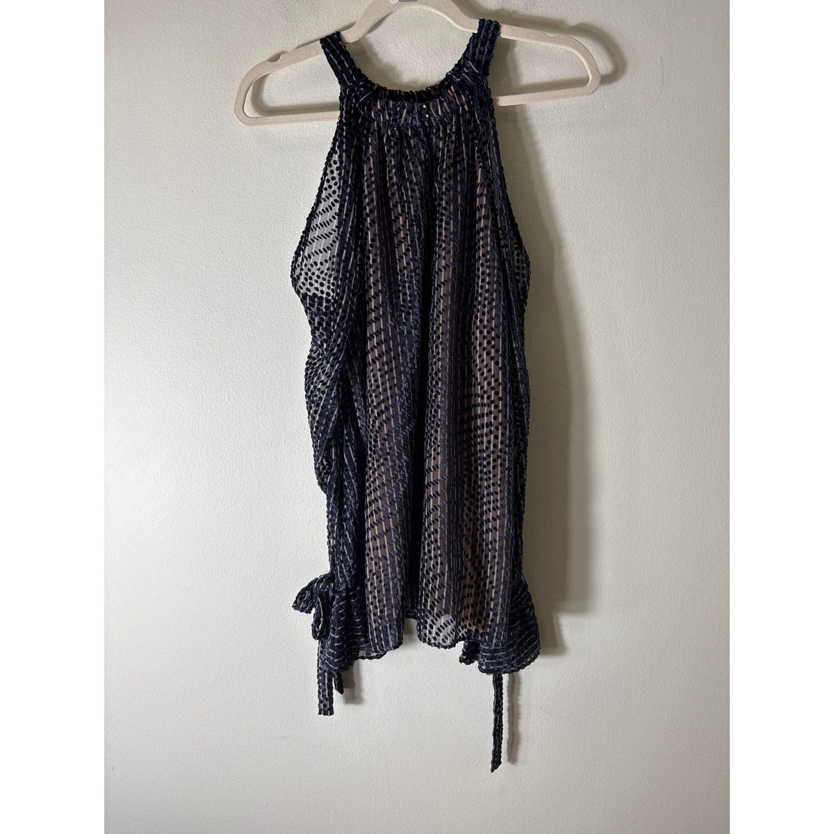 BCBG Navy Sheer Dot Overlay Cold Shoulder Blouse Sz M