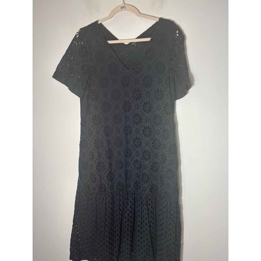 Madewell Black Eyelet Short Sleeve V-Neck Drop Waist Midi Dress Sz XS
