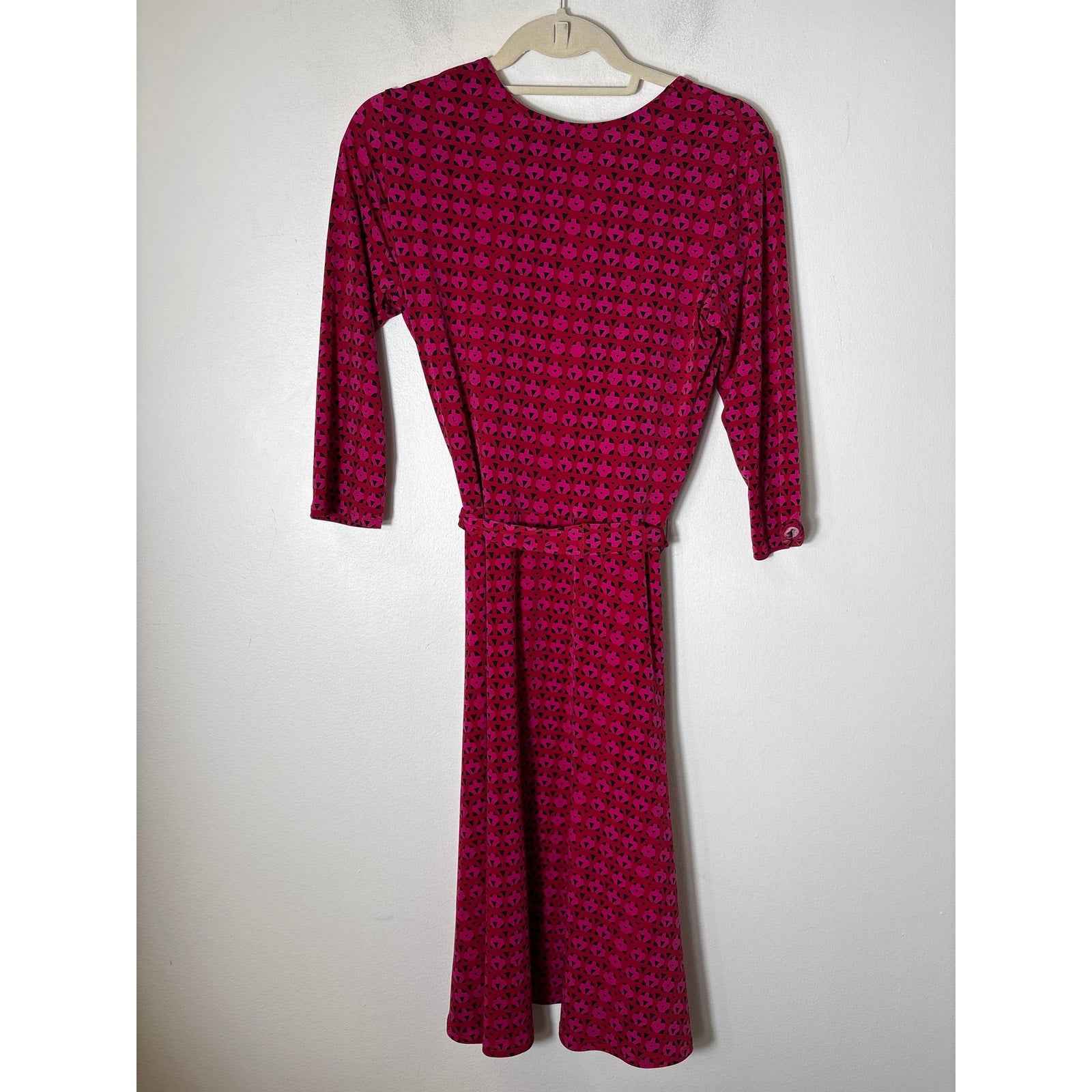 Leota Red Magenta Long Sleeve Faux Wrap A-Line Midi Dress Sz M