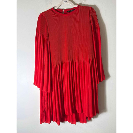 Zara Orangy Red Long Wide Sleeve Pleated Knee Length Dress Sz M