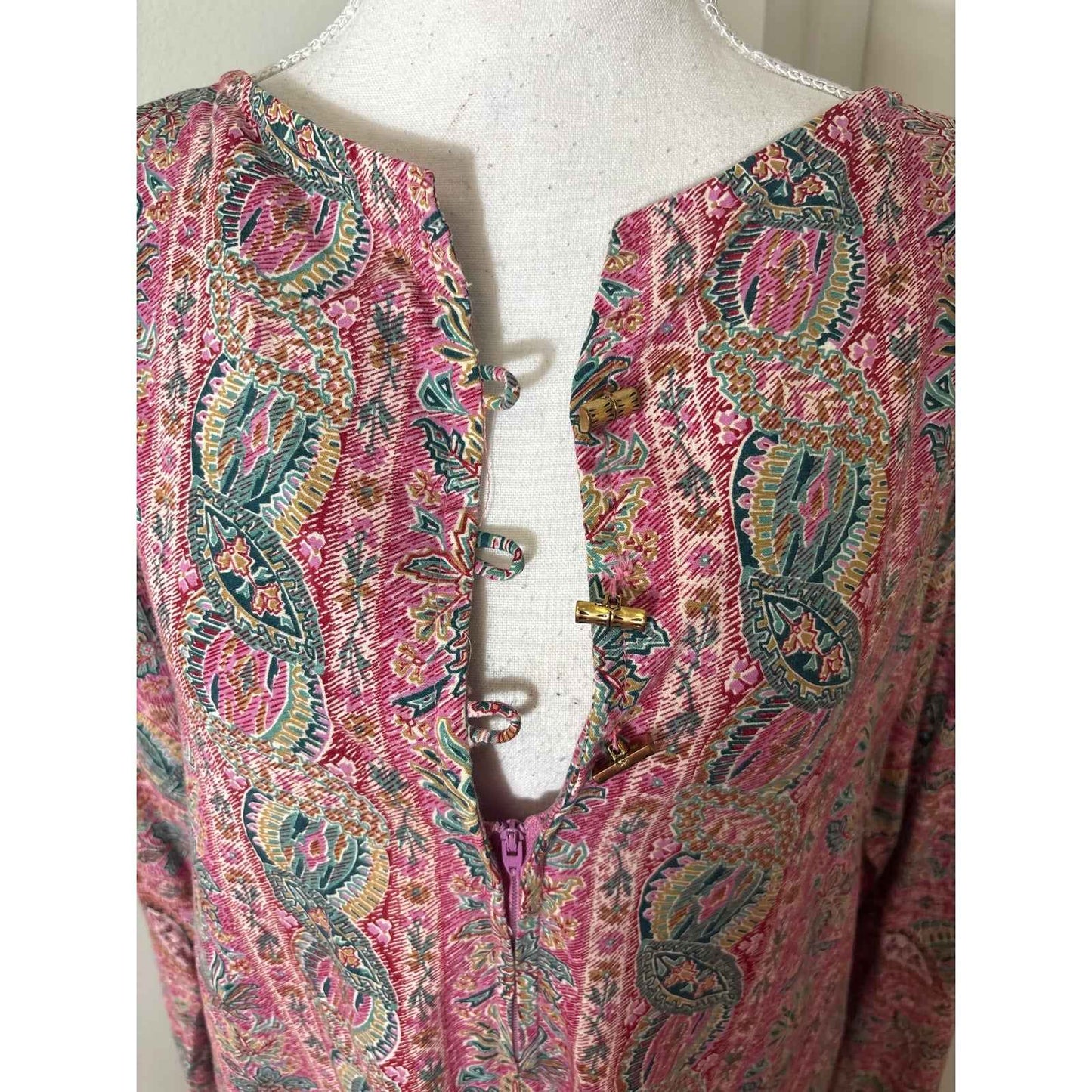 Saks Fifth Avenue Pink an Green Palm Tree Zip Up Caftan Sz M