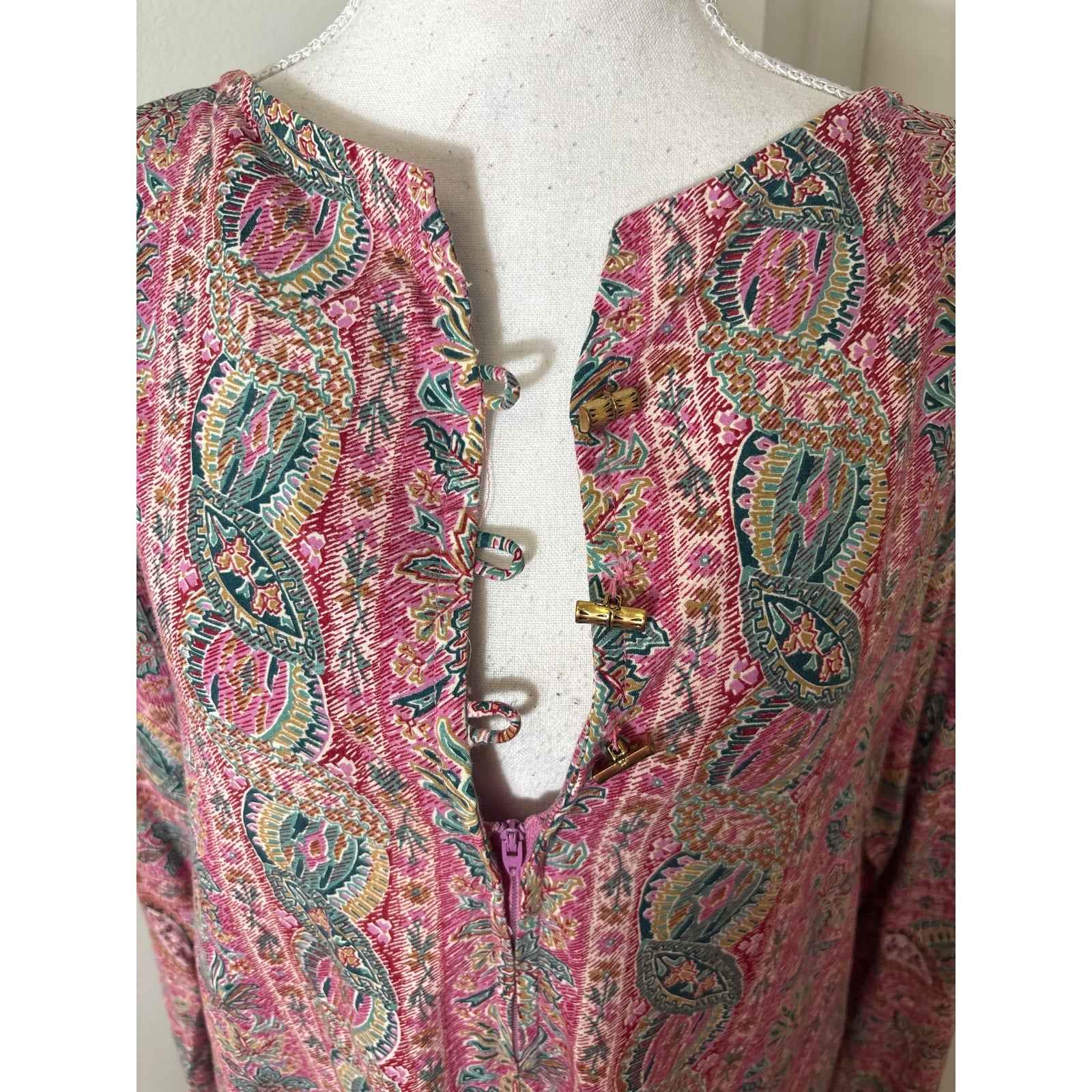 Saks Fifth Avenue Pink an Green Palm Tree Zip Up Caftan Sz M