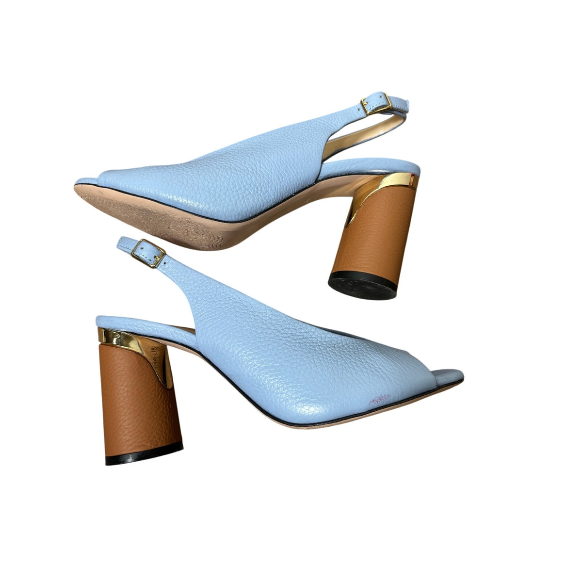 Theo Light Blue Leather Peep Toe Round Heel Pump Sz 38