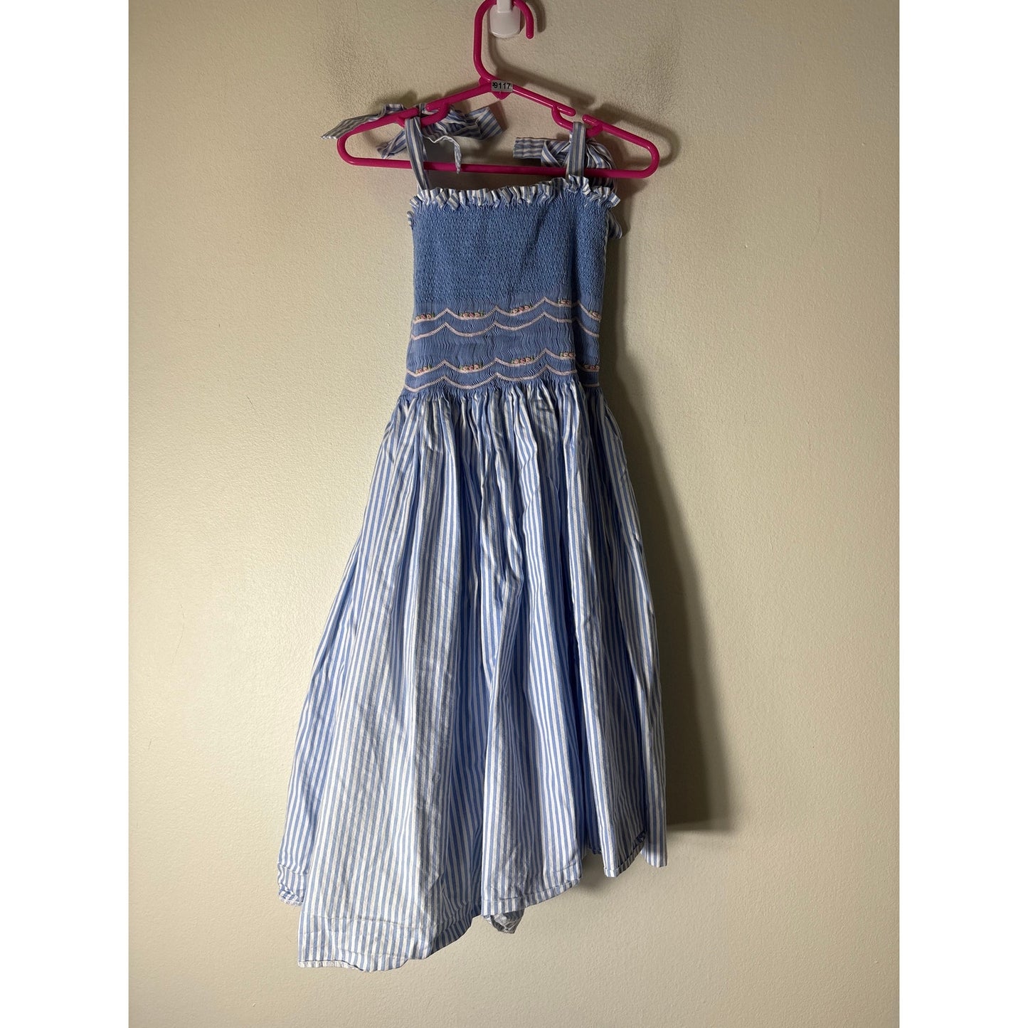 Girls Vintage Bois De Rose Blue & White striped Smocked dress Sz 6