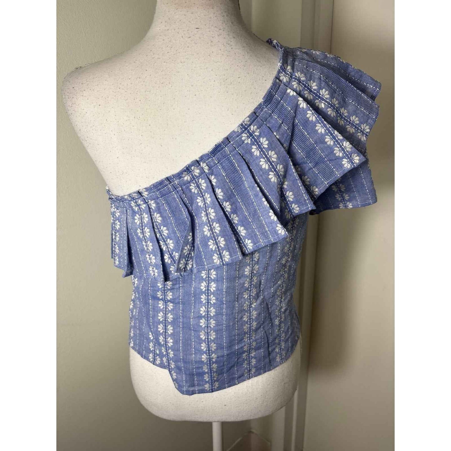 Splendid Blue White One Shoulder Ruffle Cotton Top Sz S