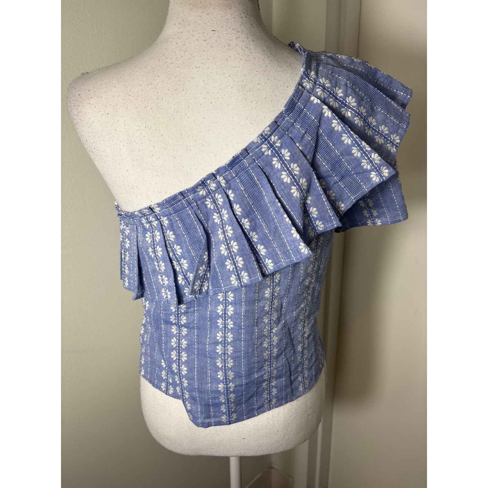Splendid Blue White One Shoulder Ruffle Cotton Top Sz S