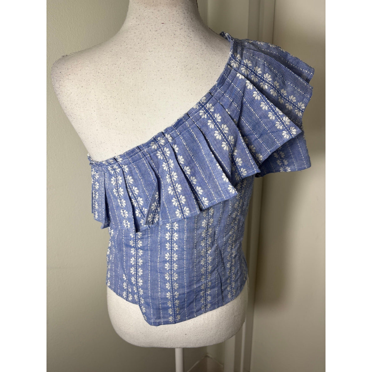 Splendid Blue White One Shoulder Ruffle Cotton Top Sz S