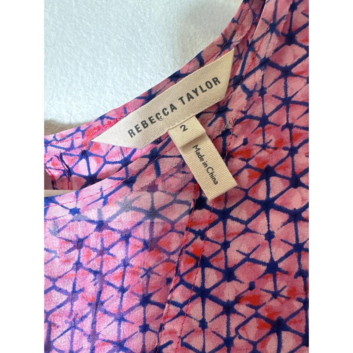 Rebecca Taylor Pink Navy Print Cap Sleeve Silk Top Sz 2