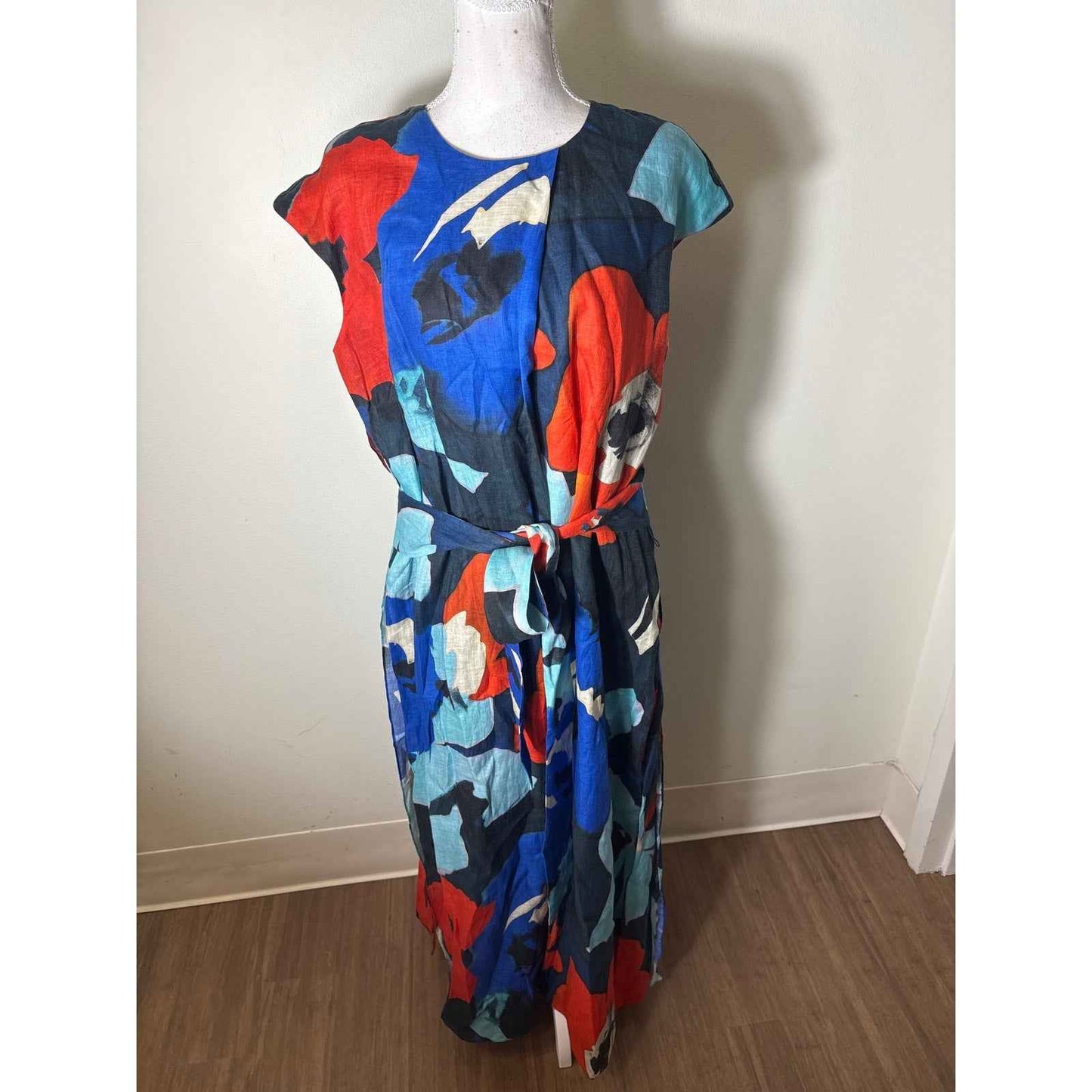 Ann Mashburn Blue Red Cap Sleeve Linen Maxi Dress Sz L