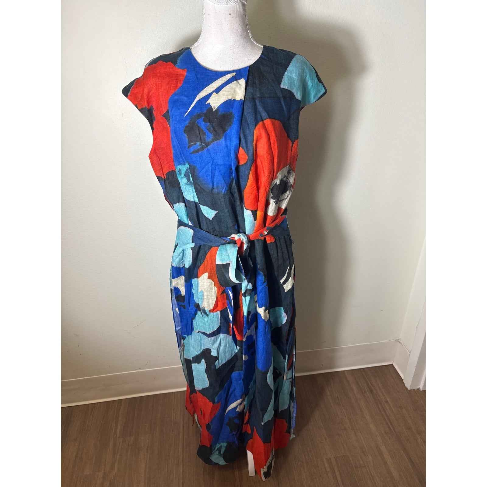 Ann Mashburn Blue Red Cap Sleeve Linen Maxi Dress Sz L