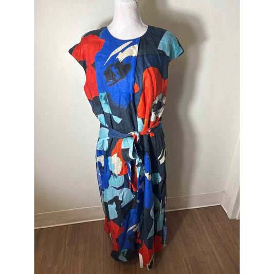 Ann Mashburn Blue Red Cap Sleeve Linen Maxi Dress Sz L