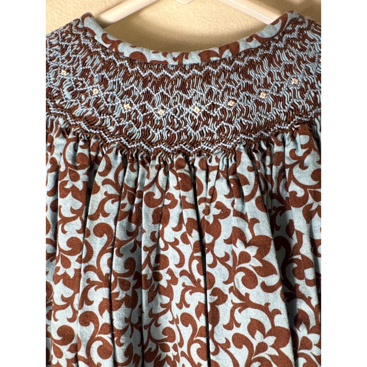Girls Vintage Amanda Remembered Blue&Brown Print 3/4 Sleeves Smocked Dress Sz 6