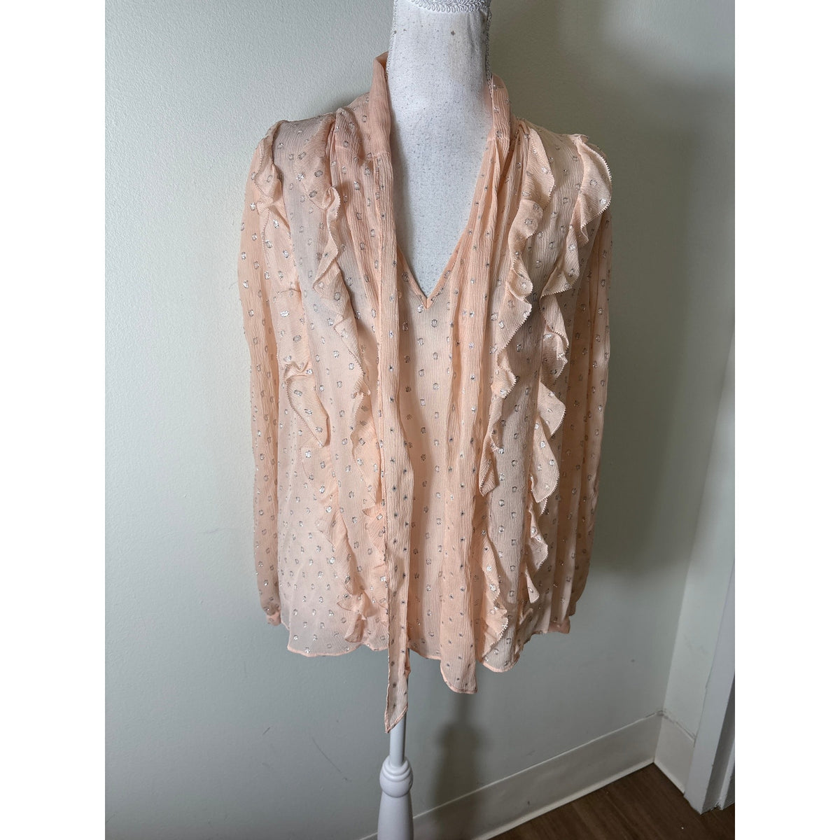 Rebecca Taylor Pink With Metallic Silver Dot Sheer Top Sz 8