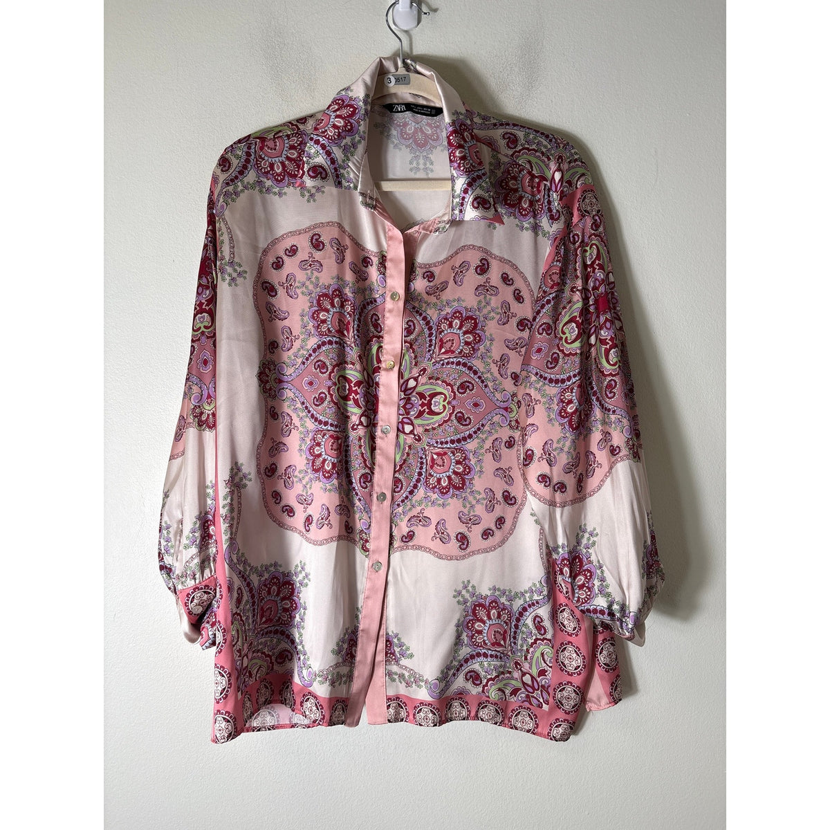 Zara Pink Paisley Long Sleeve Button Up Flowy Shirt Sz L